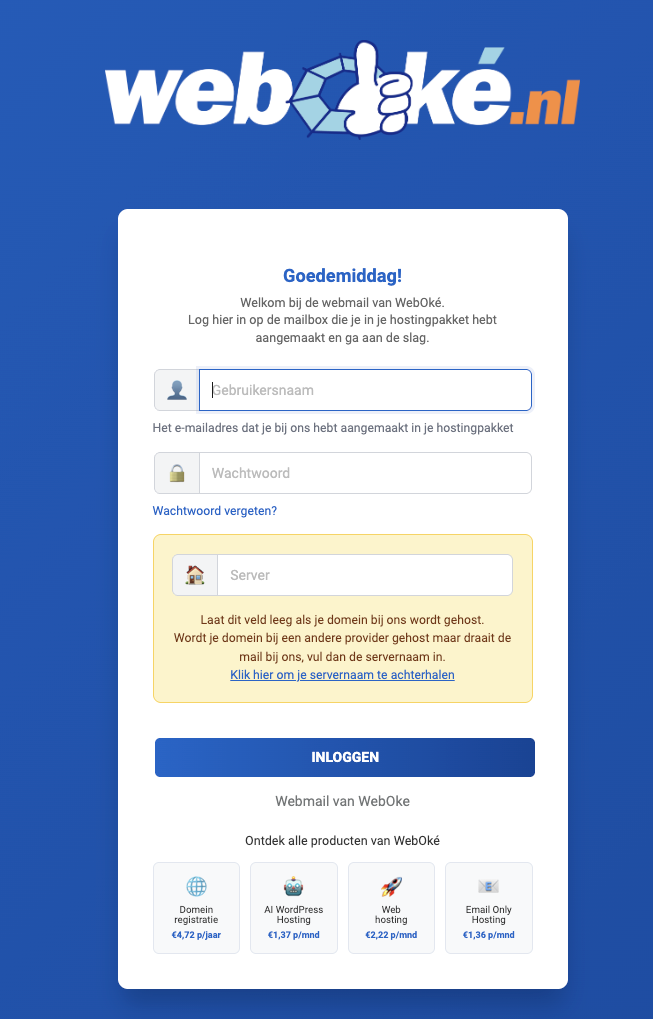 Přihlašovací obrazovka webmailu WebOké