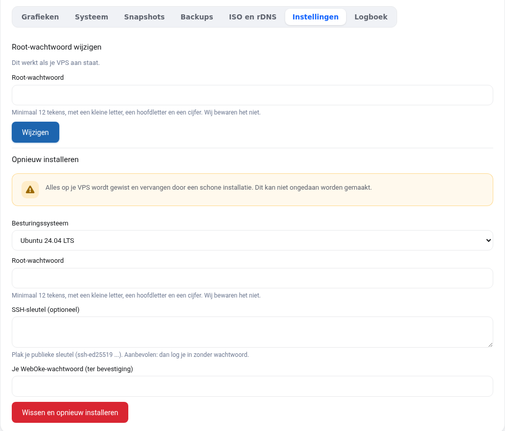 Karta Nastavení se změnou hesla root a přeinstalací